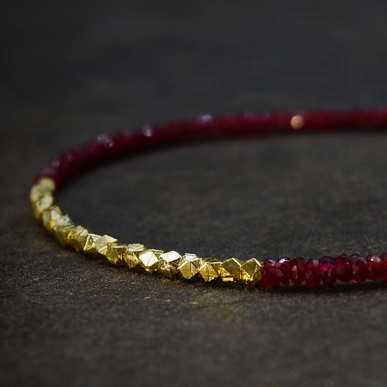 14K Solid Gold Ruby Beaded Bracelet | Real Red Ruby | Heavy Weight Hexagon Gold Beads | Delicate | Skinny | Natural Ruby | July Birthstone