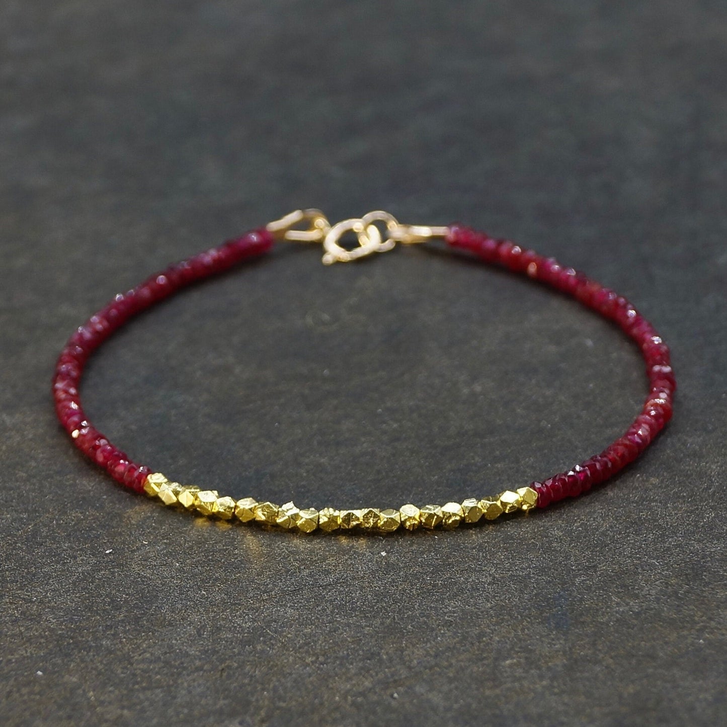 14K Solid Gold Ruby Beaded Bracelet | Real Red Ruby | Heavy Weight Hexagon Gold Beads | Delicate | Skinny | Natural Ruby | July Birthstone