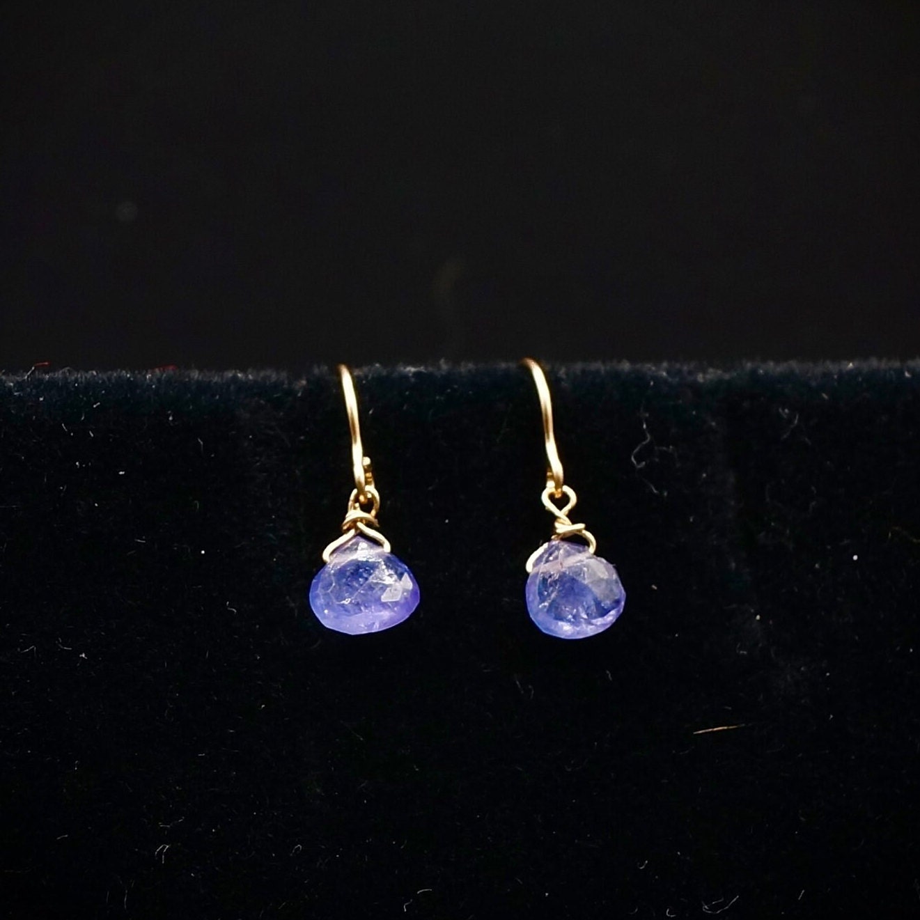 14K Solid Gold: 3mm Tiny Tanzanite Earrings, Royal Blue Crystal, Small Stone Long Earrings, Minimalist Dangle Earrings, Drop Earrings