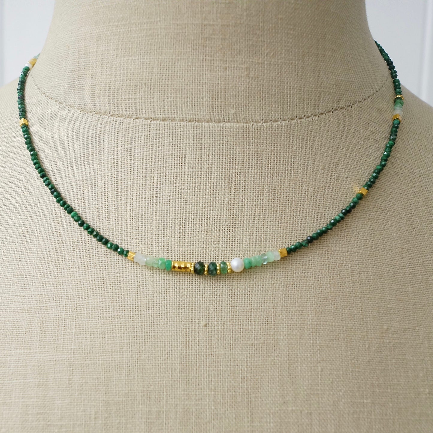 14K Solid Gold and Vermeil: Malachite Beaded Necklace, Ombre Emerald, Shaded Green Gemstone, Boho, Bohemian, Skinny Necklace, Fine Jewelry