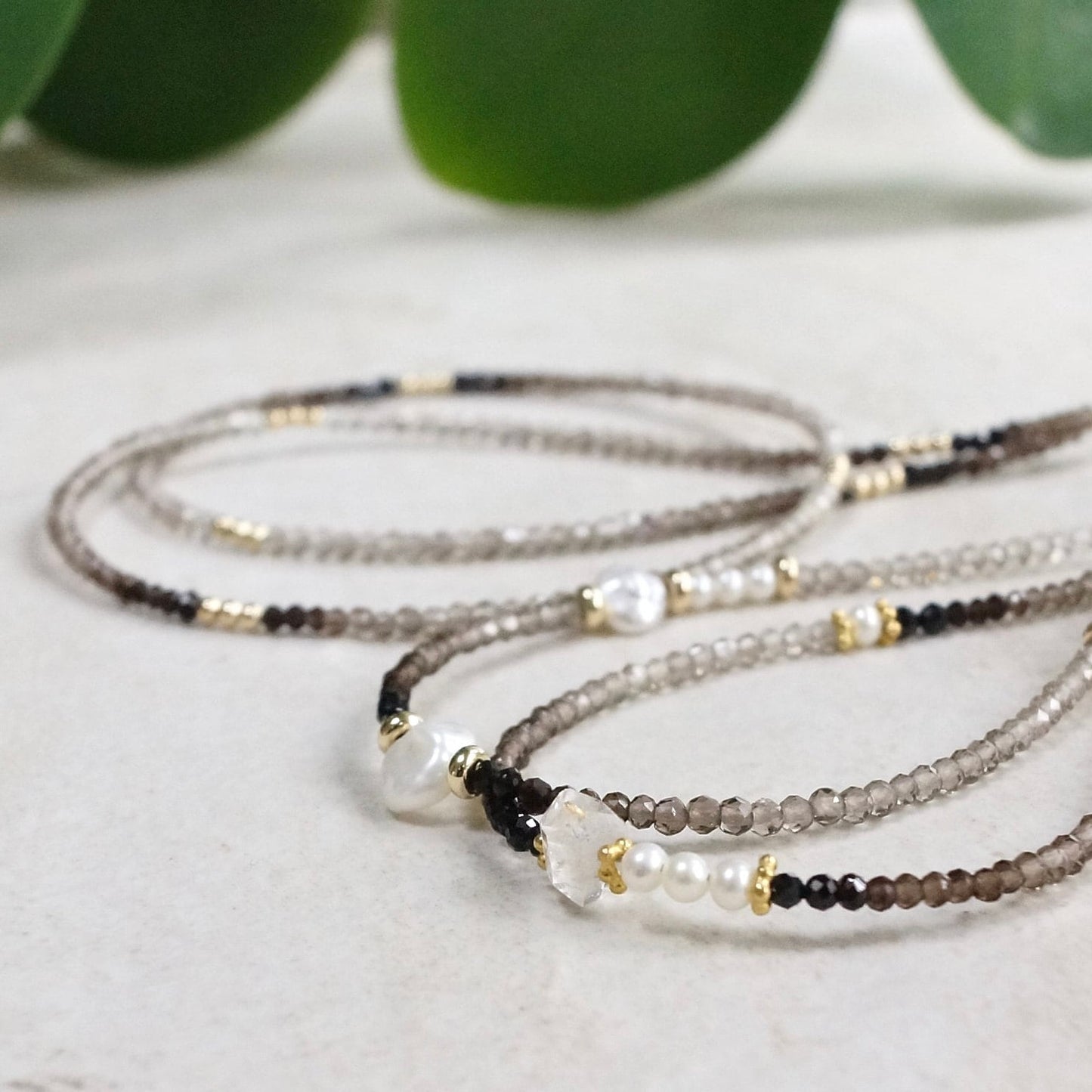 14K Solid Gold: Ombre Smoky Quartz Beaded Necklace | Shaded Brown Crystal | Choker | Skinny | layered Necklace | Fine Jewelry | Minimalist