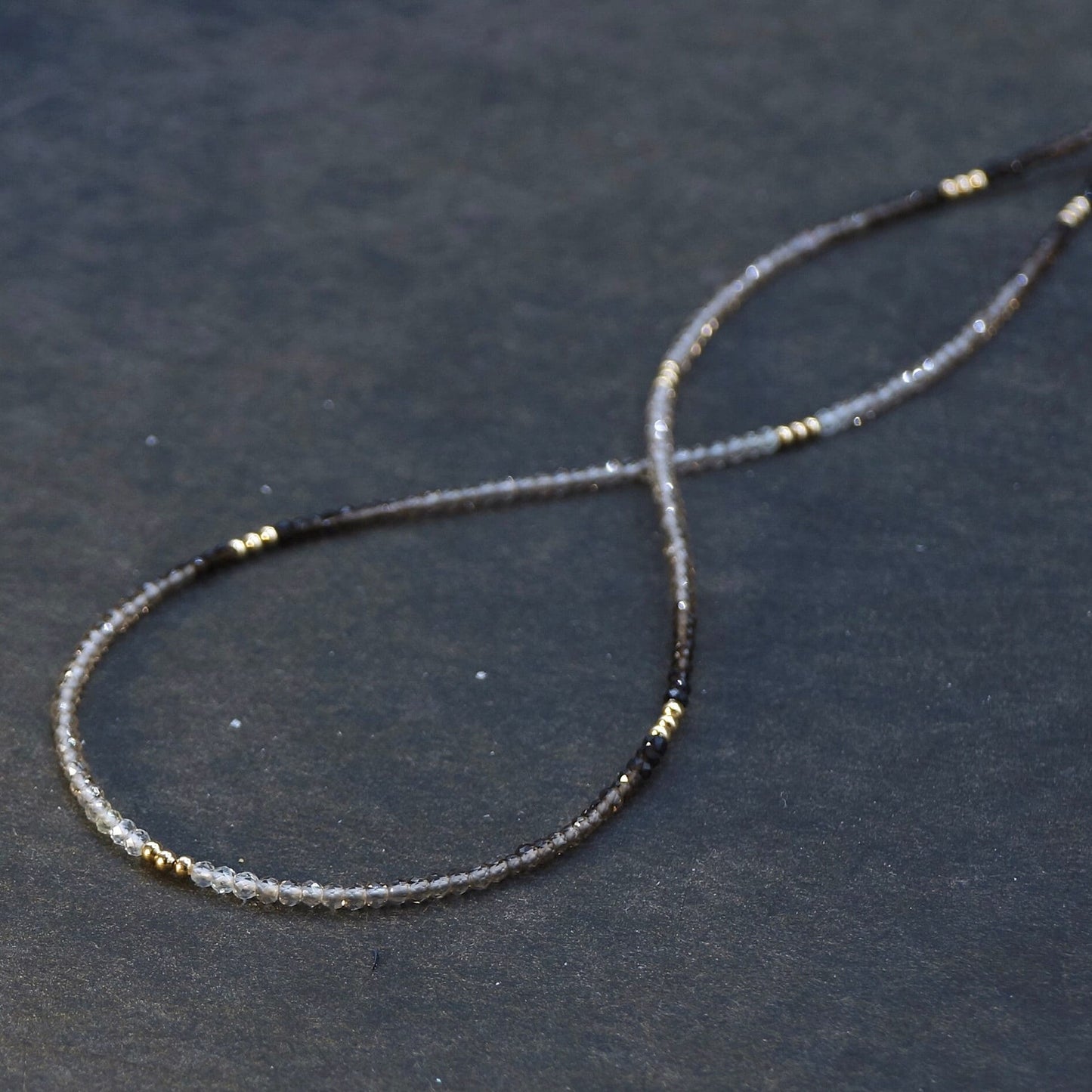 14K Solid Gold: Ombre Smoky Quartz Beaded Necklace | Shaded Brown Crystal | Choker | Skinny | layered Necklace | Fine Jewelry | Minimalist