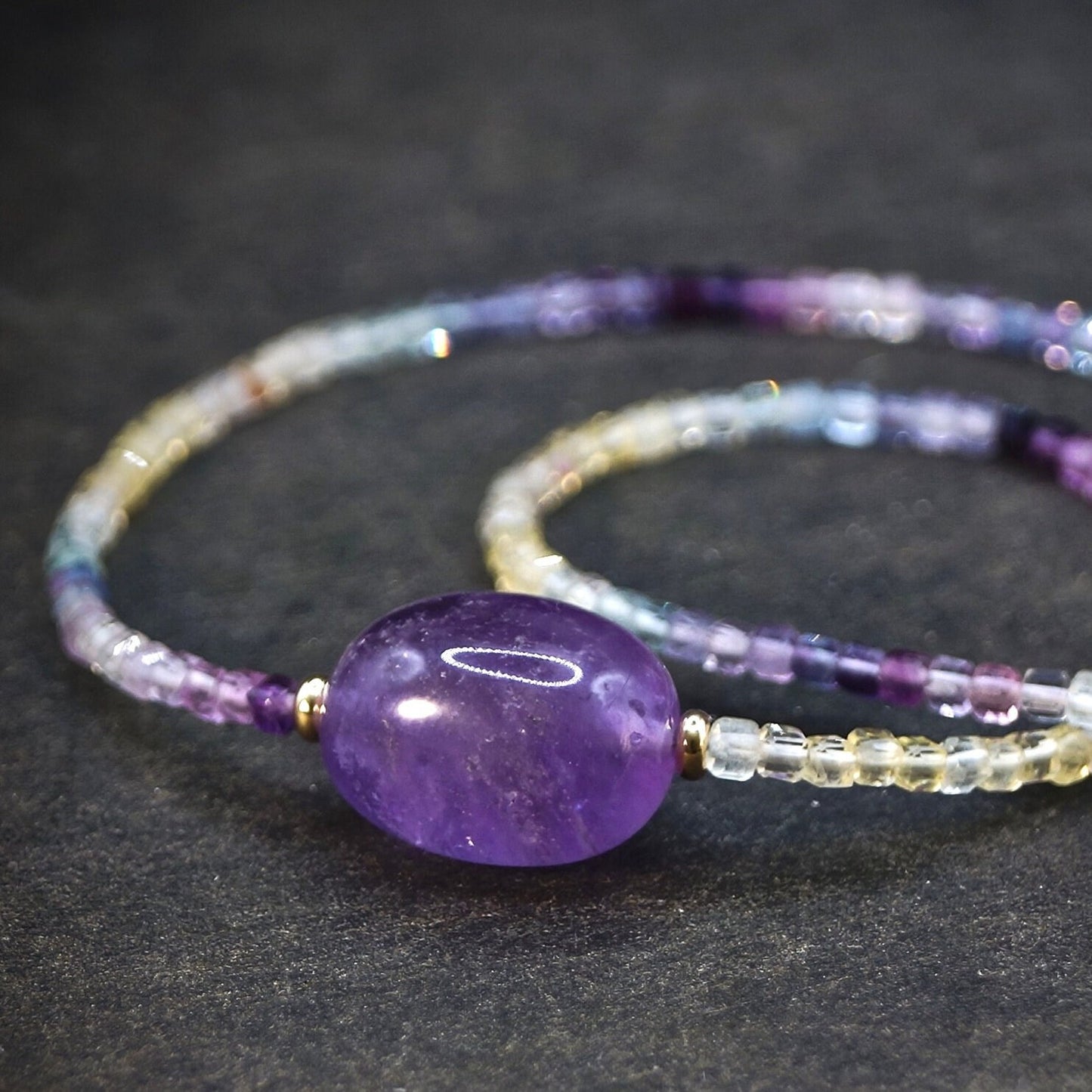 14K Solid Gold: Amethyst & Fluorite Beaded Necklace | Multi Color | Gradient Gemstone | Ombre Necklace | Layered | Purple Green Blue Yellow