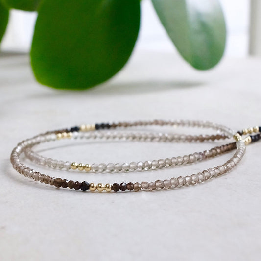 14K Solid Gold: Ombre Smoky Quartz Beaded Necklace | Shaded Brown Crystal | Choker | Skinny | layered Necklace | Fine Jewelry | Minimalist