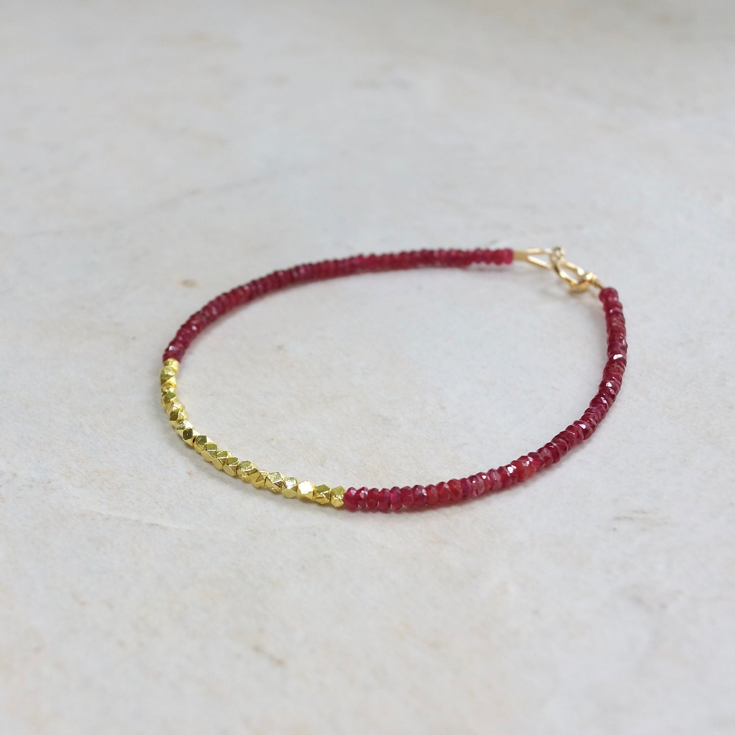 14K Solid Gold Ruby Beaded Bracelet | Real Red Ruby | Heavy Weight Hexagon Gold Beads | Delicate | Skinny | Natural Ruby | July Birthstone