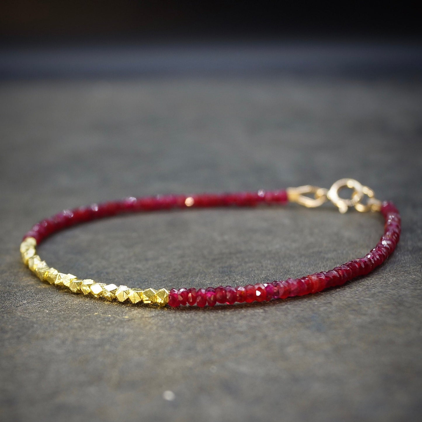 14K Solid Gold Ruby Beaded Bracelet | Real Red Ruby | Heavy Weight Hexagon Gold Beads | Delicate | Skinny | Natural Ruby | July Birthstone