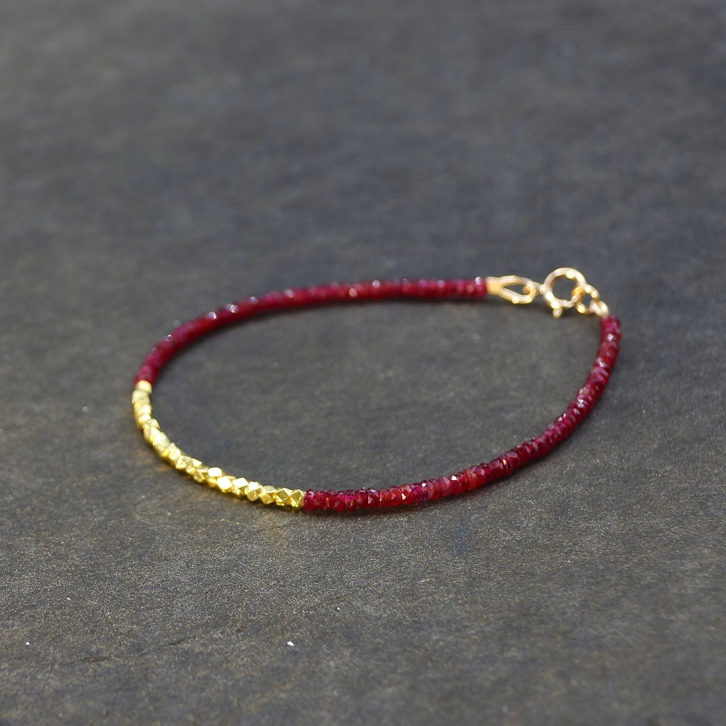 14K Solid Gold Ruby Beaded Bracelet | Real Red Ruby | Heavy Weight Hexagon Gold Beads | Delicate | Skinny | Natural Ruby | July Birthstone