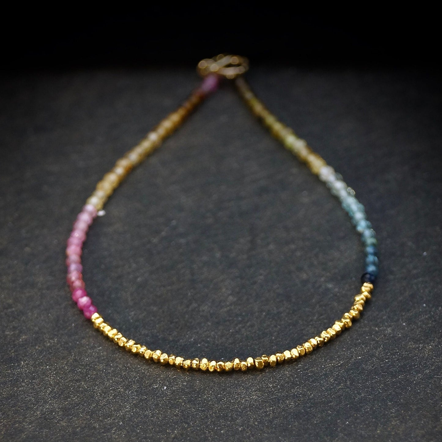 14K Solid Gold & 24K Vermeil: Ombre Tourmaline Beaded Bracelet | 2.5mm |  Multi Colored | Boho | Bohemian | Delicate | Skinny | Watermelon