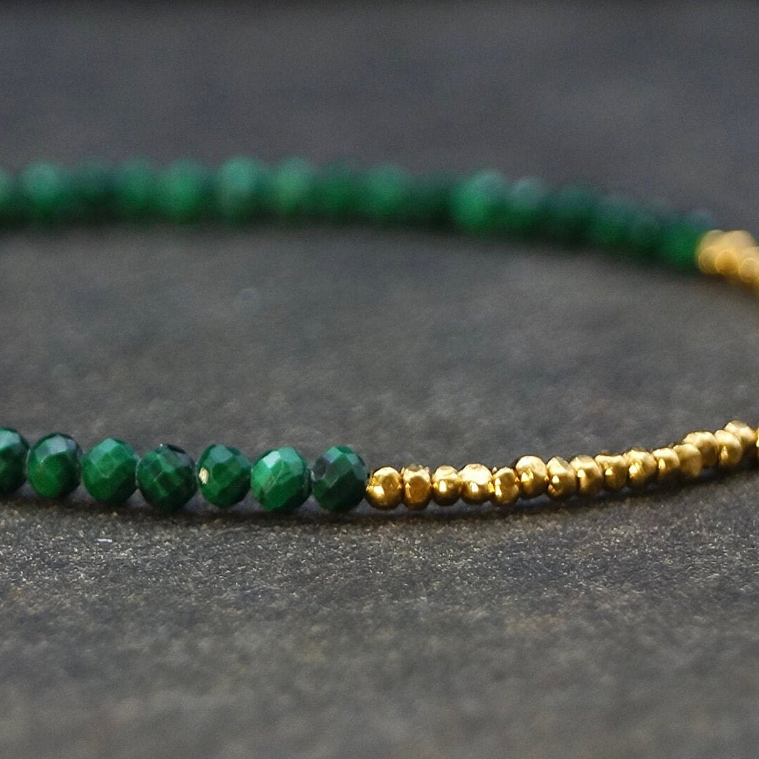 14K Solid Gold & 24K Vermeil: Malachite Beaded Bracelet | 2mm | Dark Green Gemstone | 2mm | Skinny | Delicate Jewelry