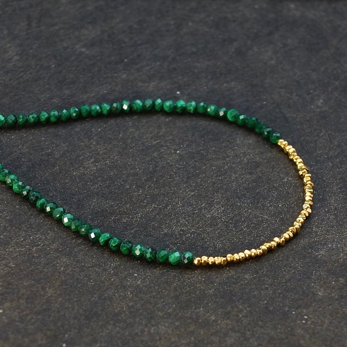 14K Solid Gold & 24K Vermeil: Malachite Beaded Bracelet | 2mm | Dark Green Gemstone | 2mm | Skinny | Delicate Jewelry