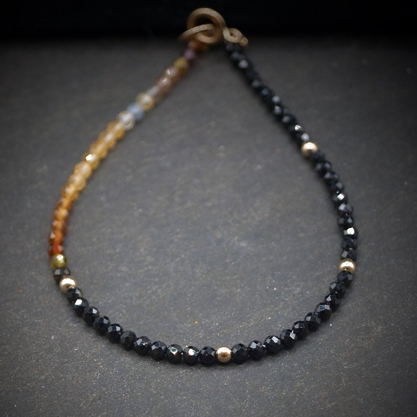 14K Solid Gold: Black Tourmaline Bead Bracelet | 2.5mm | Ombre | Brown | Ocher | Skinny Gemstone | Healing Stone | Chakra