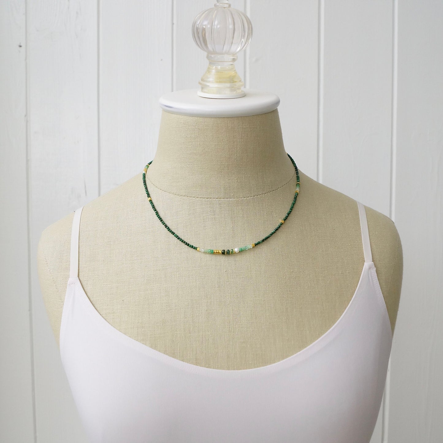 14K Solid Gold and Vermeil: Malachite Beaded Necklace, Ombre Emerald, Shaded Green Gemstone, Boho, Bohemian, Skinny Necklace, Fine Jewelry