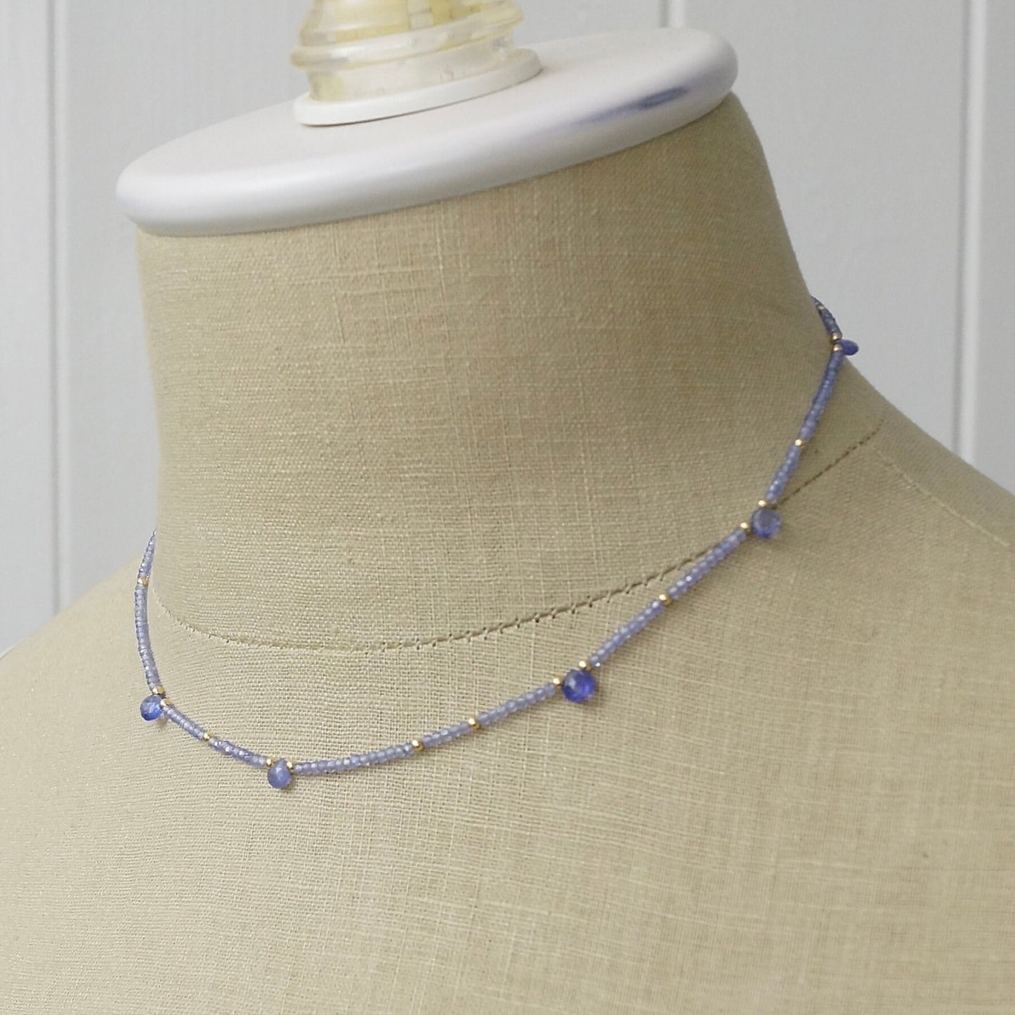 14k Solid Gold: Tanzanite Necklace, September Birthstone, Layered Necklace, Skinny Necklace, Delicate Beaded Gemstone, Fine Jewelry