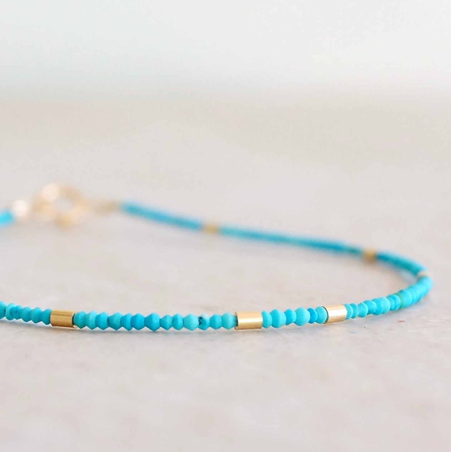 14K Solid Gold: Turquoise Tiny Seed Beaded Bracelet, Gold Tube Beads, Dainty Layering Bracelet, Blue Gemstone, Fine Jewelry, Boho