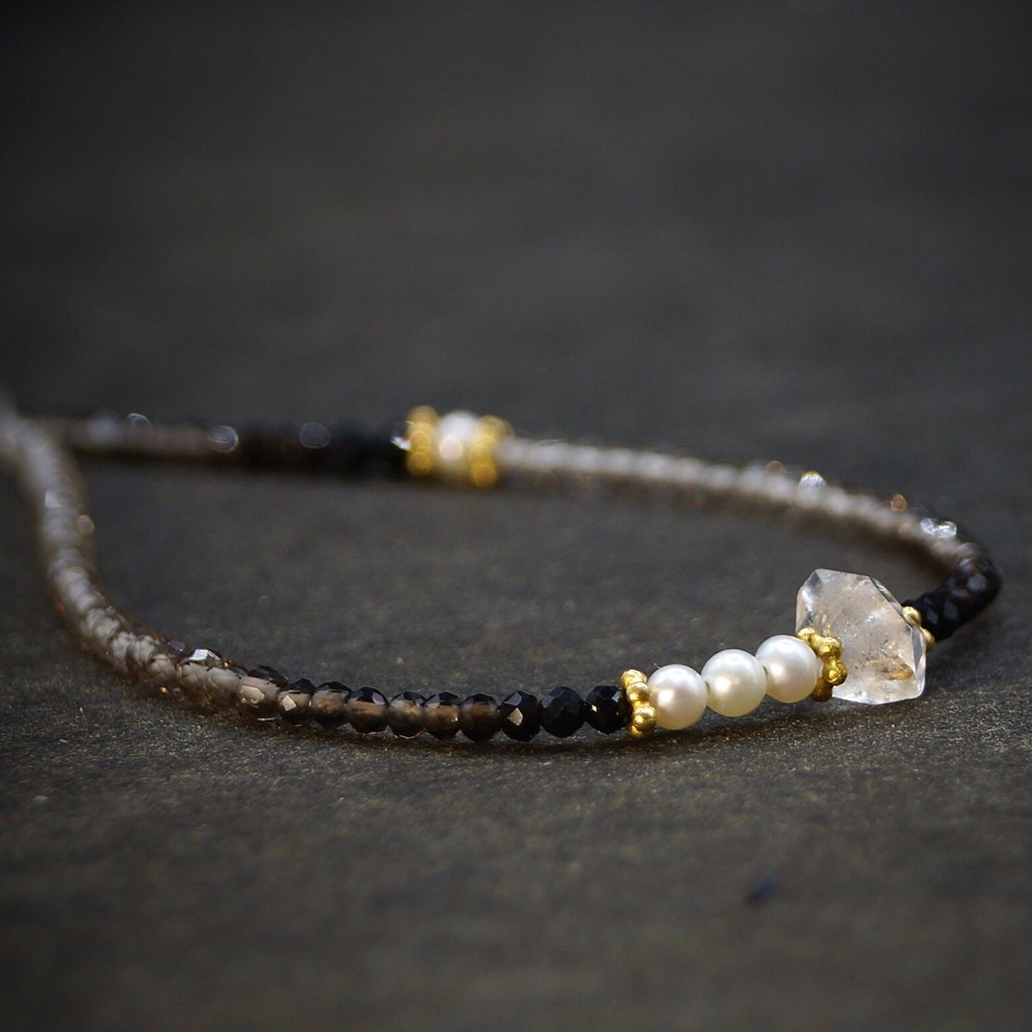 14K Solid Gold & 24K Vermeil: Smoky Quartz Beaded Bracelet | Shaded Brown | Healing Stone | Skinny | Delicate Jewelry | Mens Women