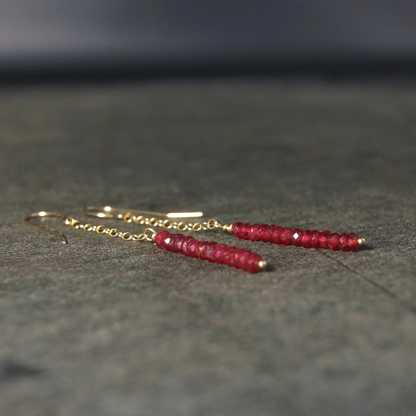 14K Solid Gold: Dainty Ruby Earrings | 2mm | Red Ruby | Dangle | Chain Drop | Long Earrings | Fine Jewelry | July Birthstone