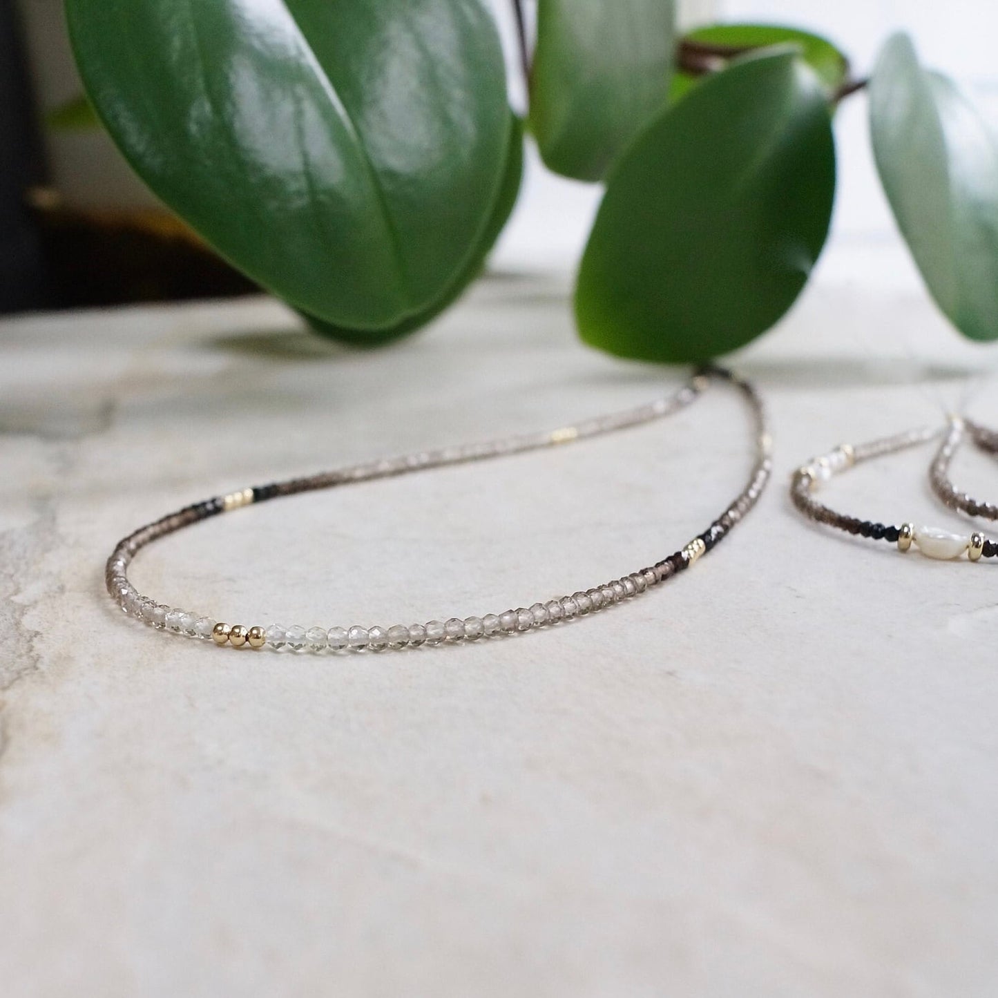 14K Solid Gold: Ombre Smoky Quartz Beaded Necklace | Shaded Brown Crystal | Choker | Skinny | layered Necklace | Fine Jewelry | Minimalist