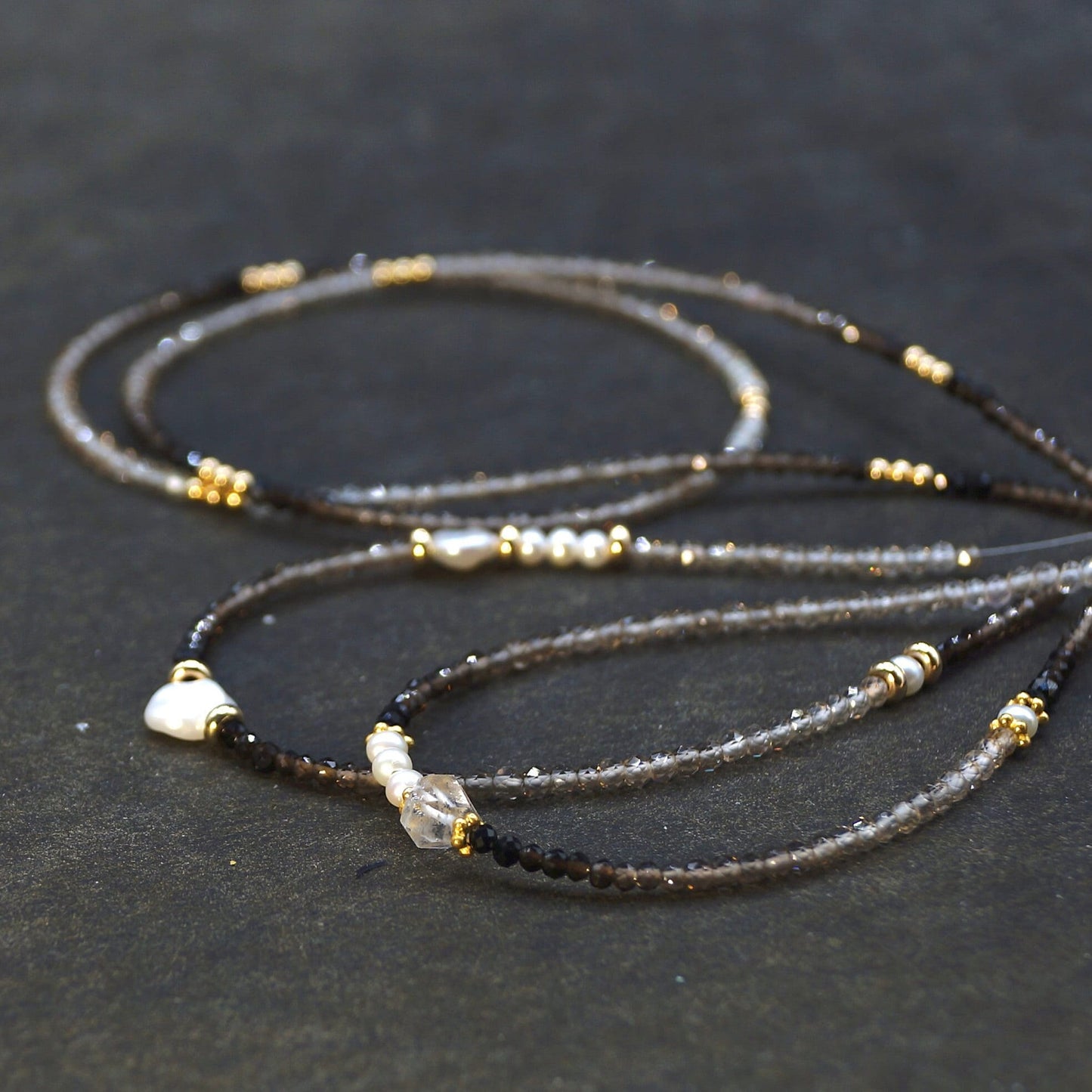 14K Solid Gold: Ombre Smoky Quartz Beaded Necklace | Shaded Brown Crystal | Choker | Skinny | layered Necklace | Fine Jewelry | Minimalist