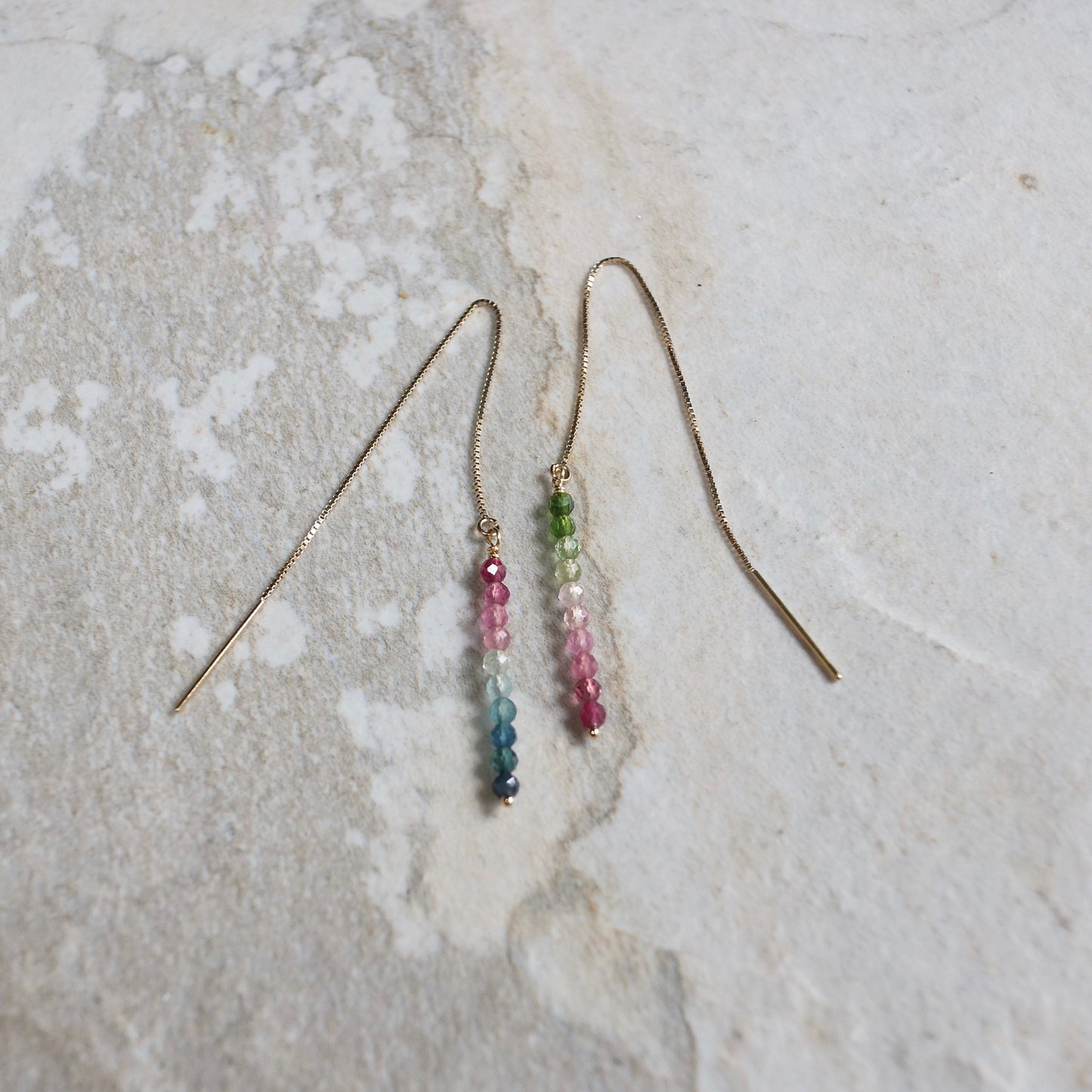 14K Solid Gold: Tourmaline Earrings | Threader Earrings | Watermelon | Fine Jewelry | Ombre Jewelry | Chain Through Earrings | Dainty Drop