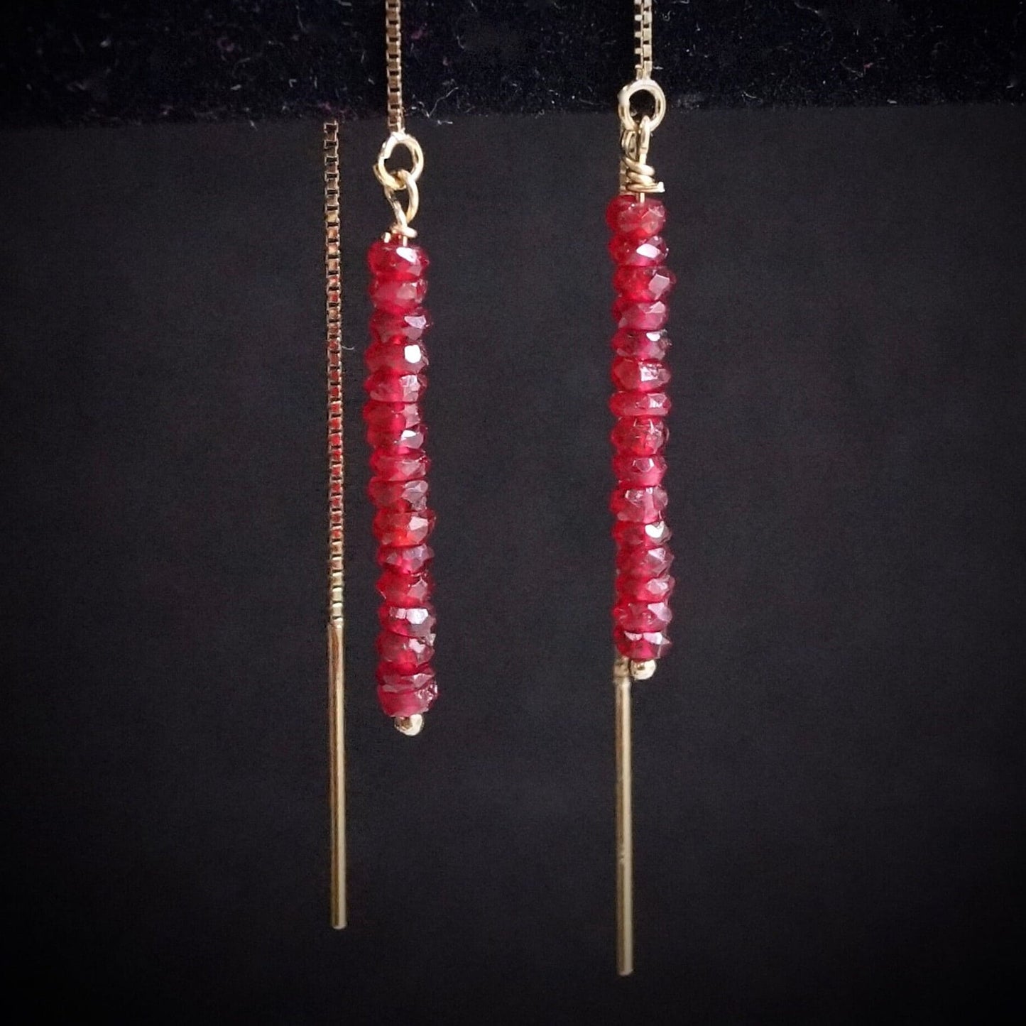 14K Solid Gold: Red Ruby Earrings | Threader Earrings | Natural Ruby Jewelry | Fine Jewelry | July Birthstone | Chain Through Earrings