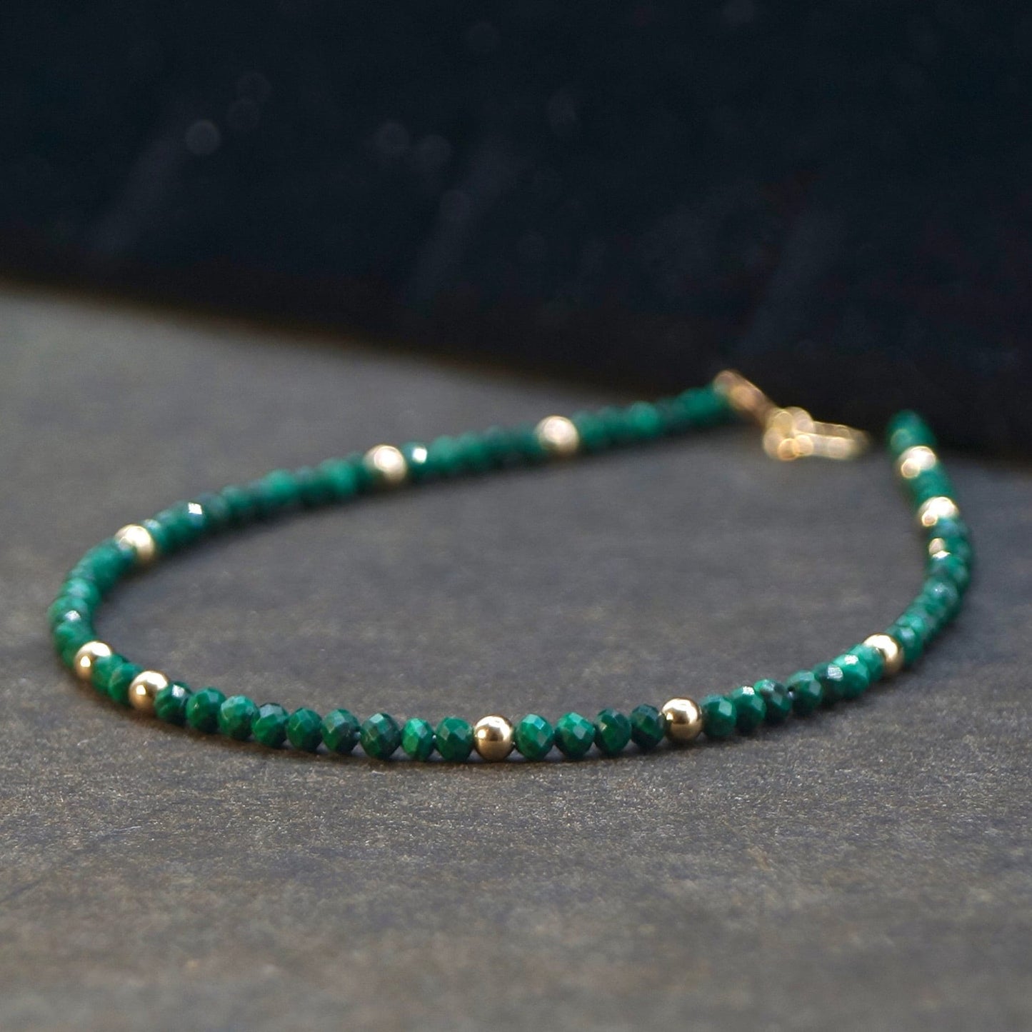 14K Solid Gold: Green Malachite Beaded Bracelet| 2mm | Fine Jewelry | Skinny | Dainty | Delicate | Healing Stone | Power Stone