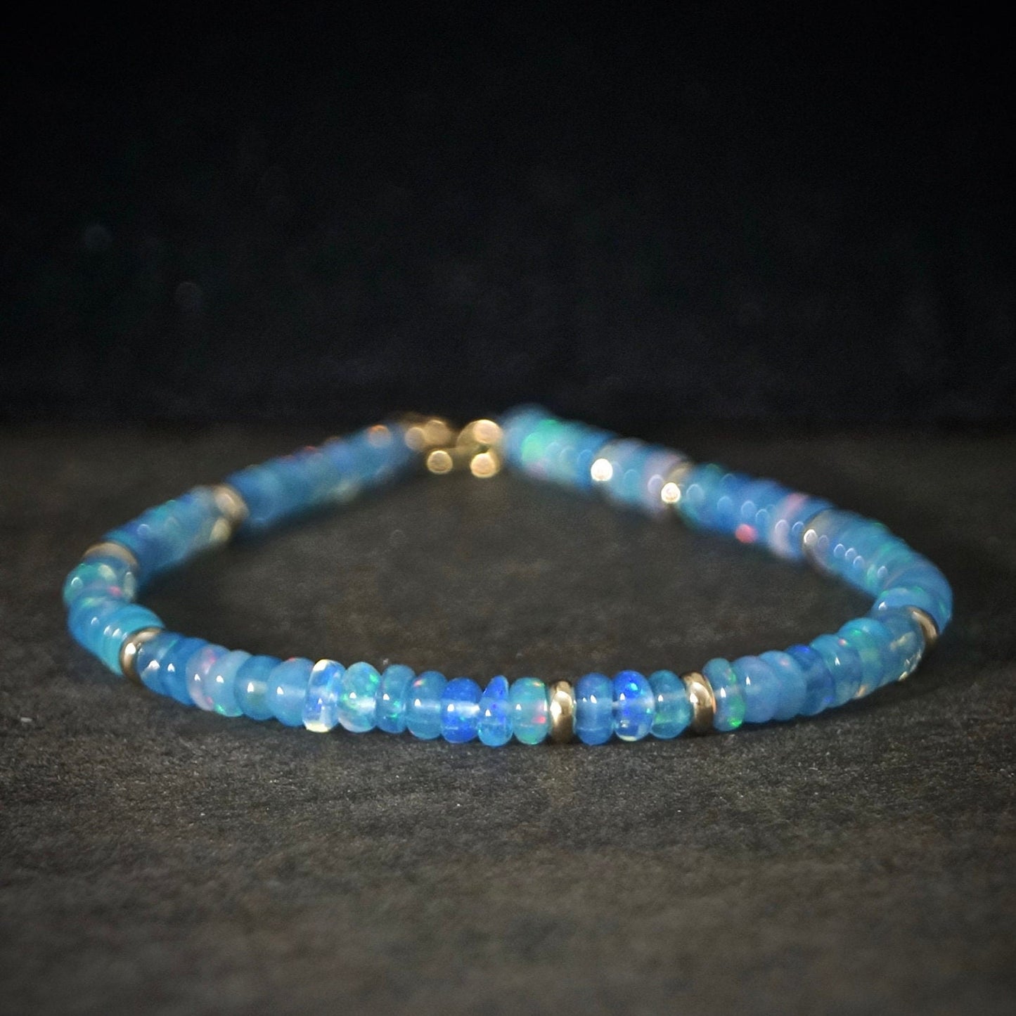 14K Solid Gold: Blue Ethiopian Opal Beaded Bracelet | Natural Opal | Gemstone | Delicate | Welo Opal | 3mm