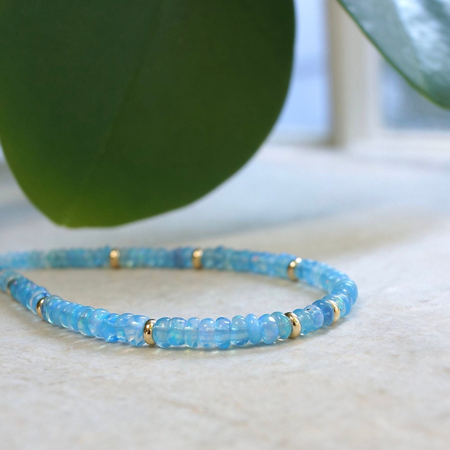 14K Solid Gold: Blue Ethiopian Opal Beaded Bracelet | Natural Opal | Gemstone | Delicate | Welo Opal | 3mm