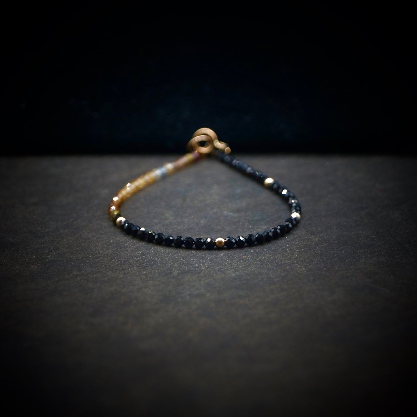 14K Solid Gold: Black Tourmaline Bead Bracelet | 2.5mm | Ombre | Brown | Ocher | Skinny Gemstone | Healing Stone | Chakra