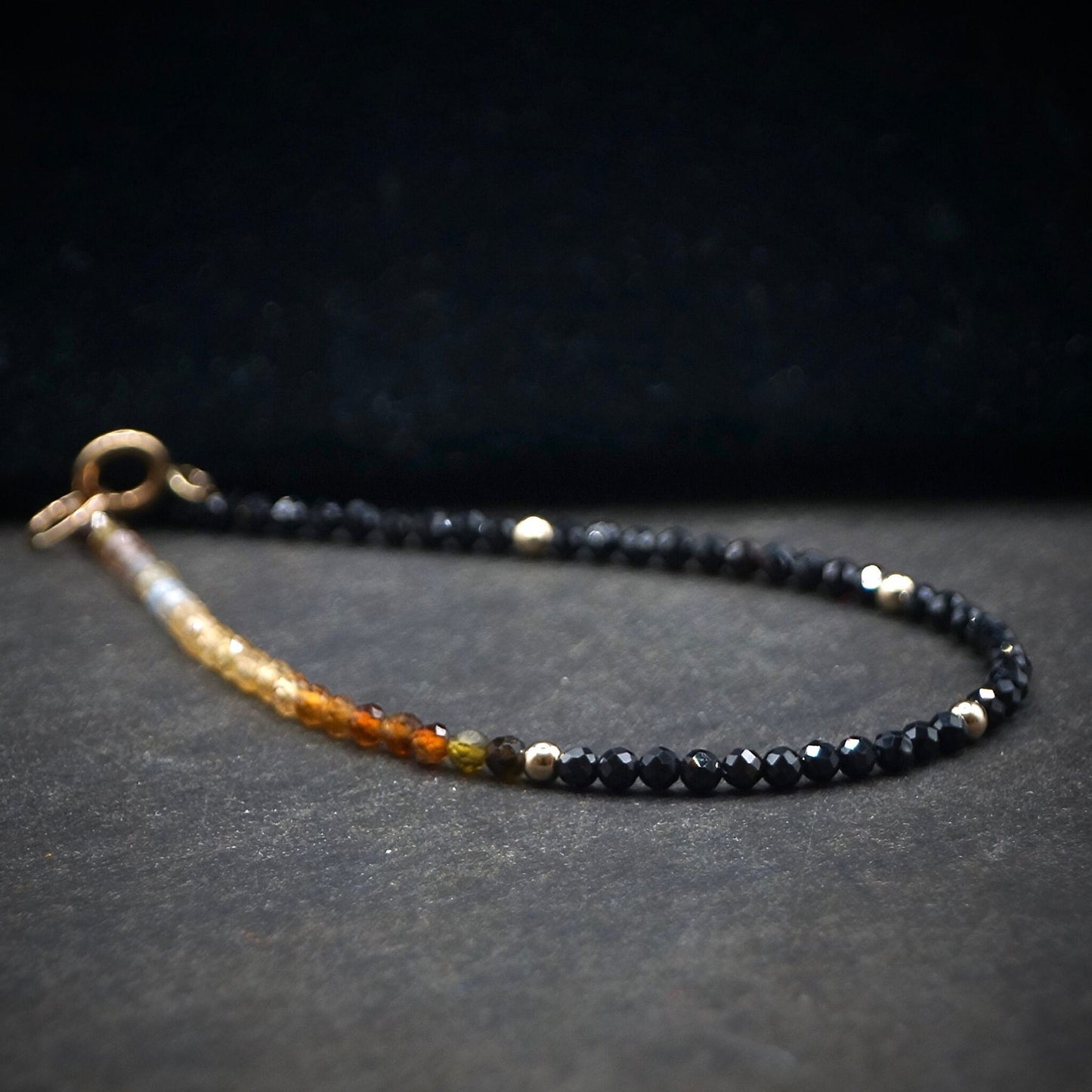 14K Solid Gold: Black Tourmaline Bead Bracelet | 2.5mm | Ombre | Brown | Ocher | Skinny Gemstone | Healing Stone | Chakra