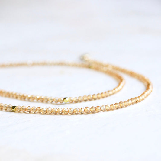 14K Solid Gold: Citrine & Gold Beaded Necklace, Dainty Orange Yellow Gemstone Necklace, Fine Jewelry, Skinny, Thin, Chakra Necklace