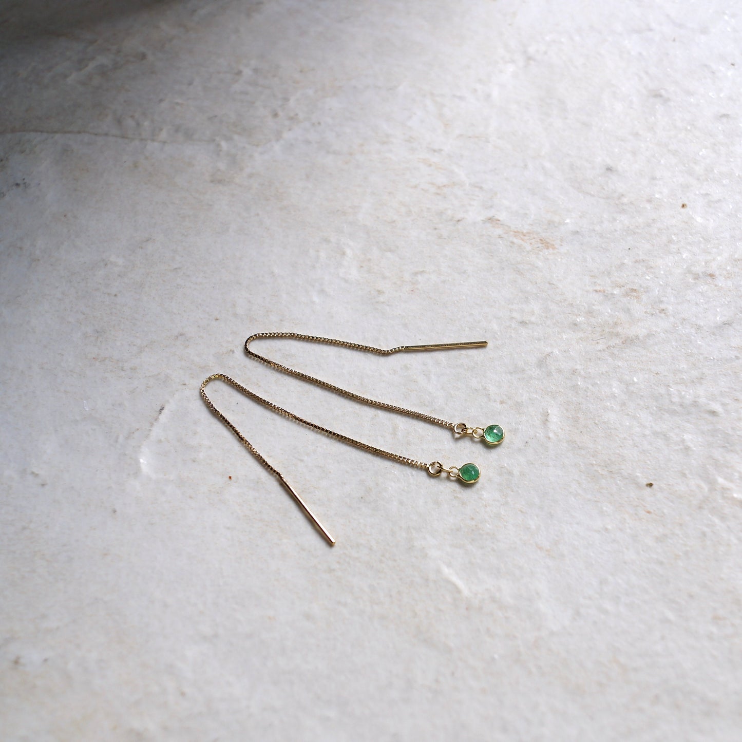 14K Solid Gold: Emerald Earrings, Threader earrings, Natural Emerald Jewelry, Long Chain, Dainty, Minimalist , May Birthstone