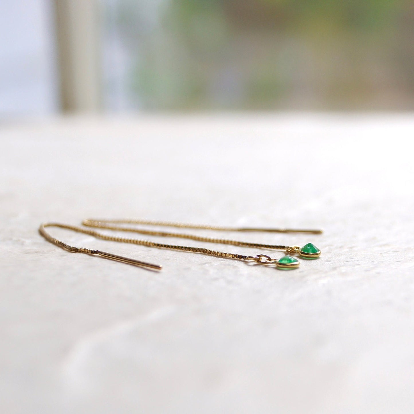 14K Solid Gold: Emerald Earrings, Threader earrings, Natural Emerald Jewelry, Long Chain, Dainty, Minimalist , May Birthstone