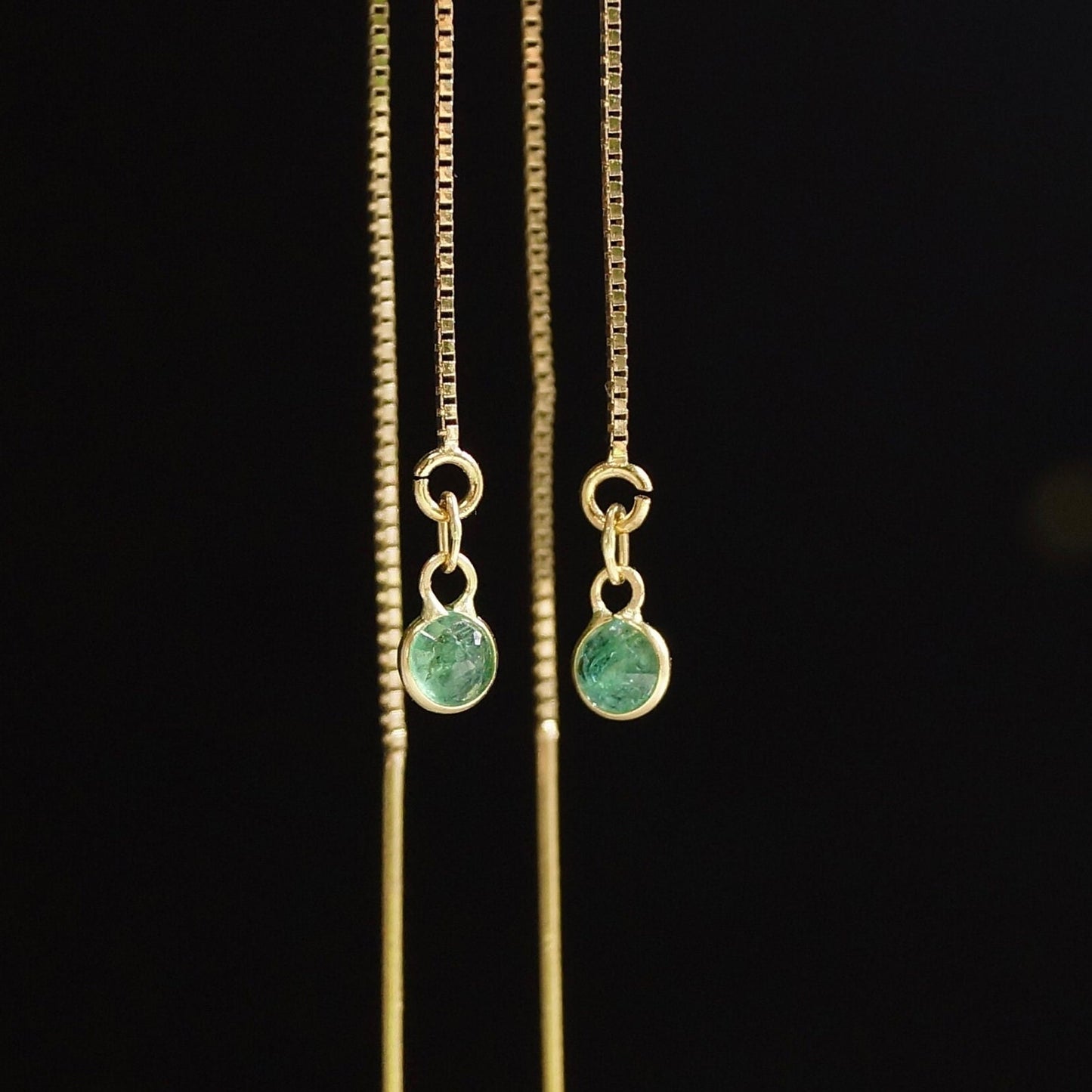 14K Solid Gold: Emerald Earrings, Threader earrings, Natural Emerald Jewelry, Long Chain, Dainty, Minimalist , May Birthstone