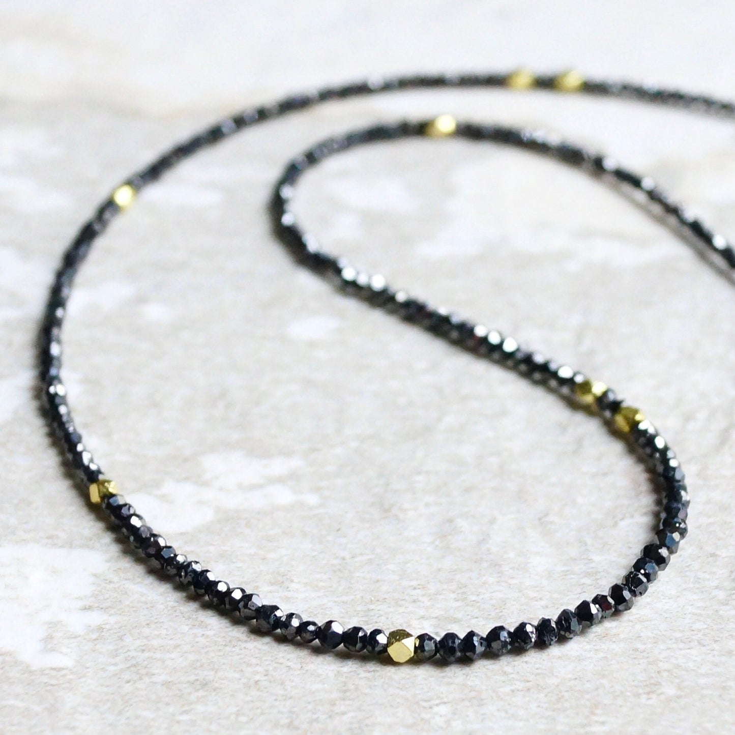 14K Solid Gold: Genuine Black Diamond Necklace, Choker, Real Natural Diamond, Skinny, Layering Choker, Beaded Precious Stone, Beaded Gold