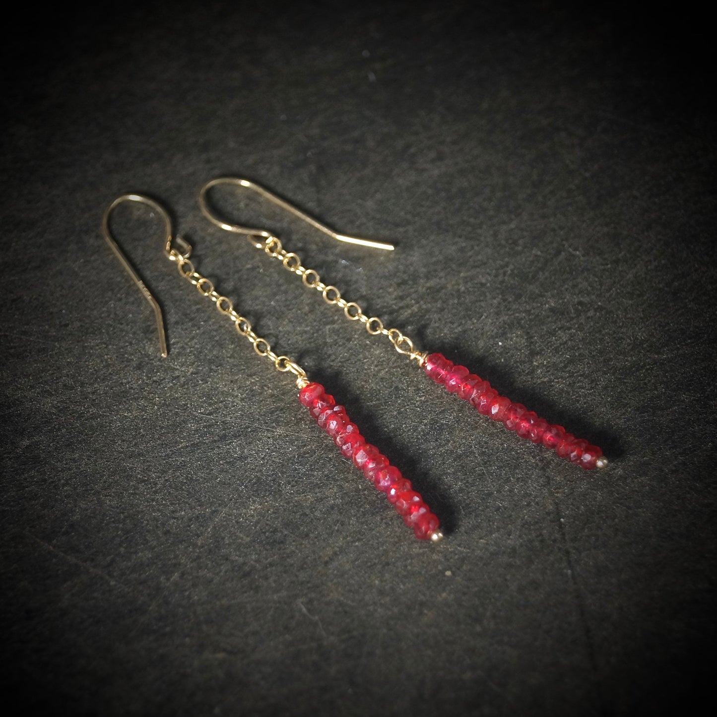 14K Solid Gold: Dainty Ruby Earrings | 2mm | Red Ruby | Dangle | Chain Drop | Long Earrings | Fine Jewelry | July Birthstone