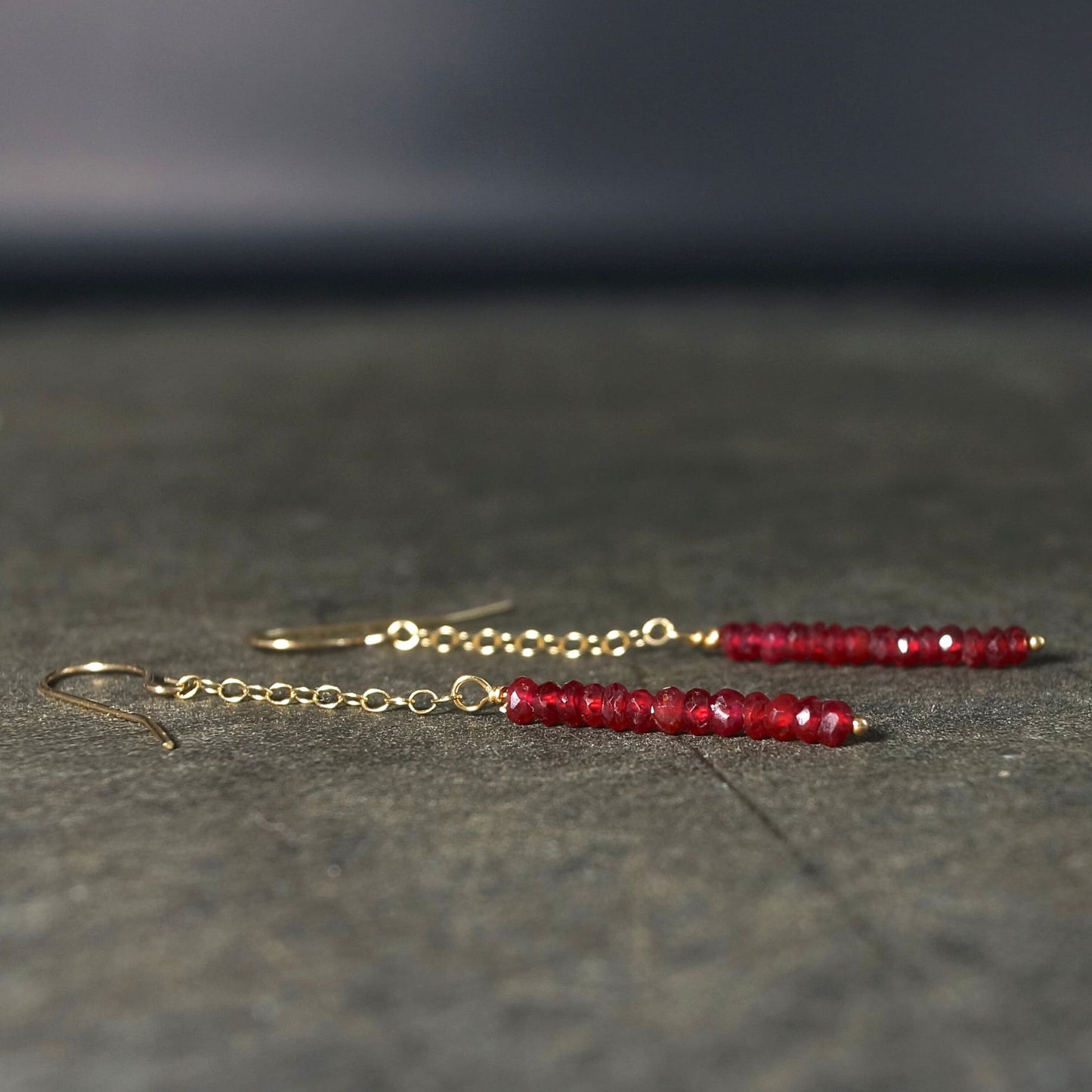 14K Solid Gold: Dainty Ruby Earrings | 2mm | Red Ruby | Dangle | Chain Drop | Long Earrings | Fine Jewelry | July Birthstone