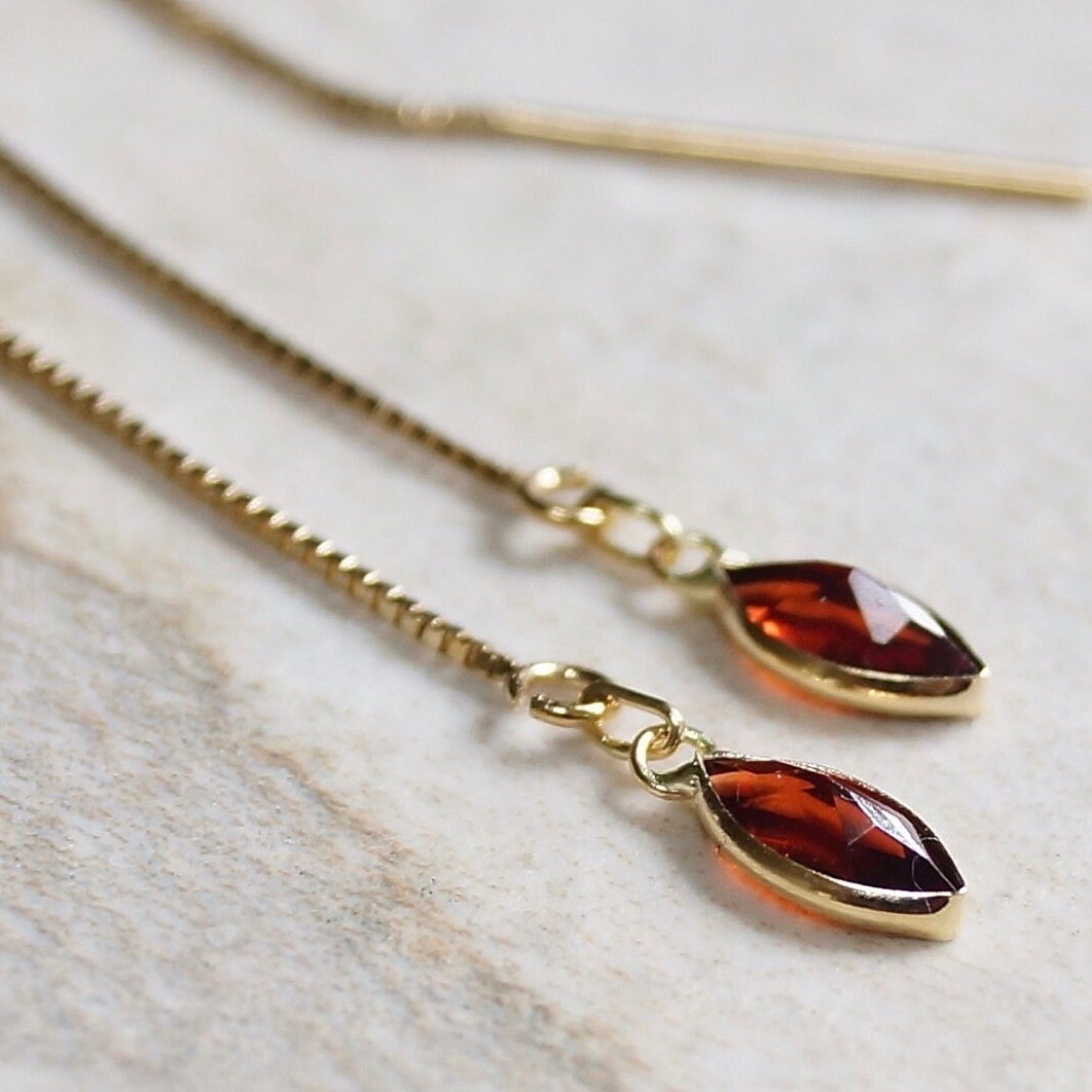 14K Solid Gold: Garnet Earrings, Threader earrings, Marquise Jewelry, Long Chain, Dainty, Minimalist , Root Chakra, Healing Stone, Red