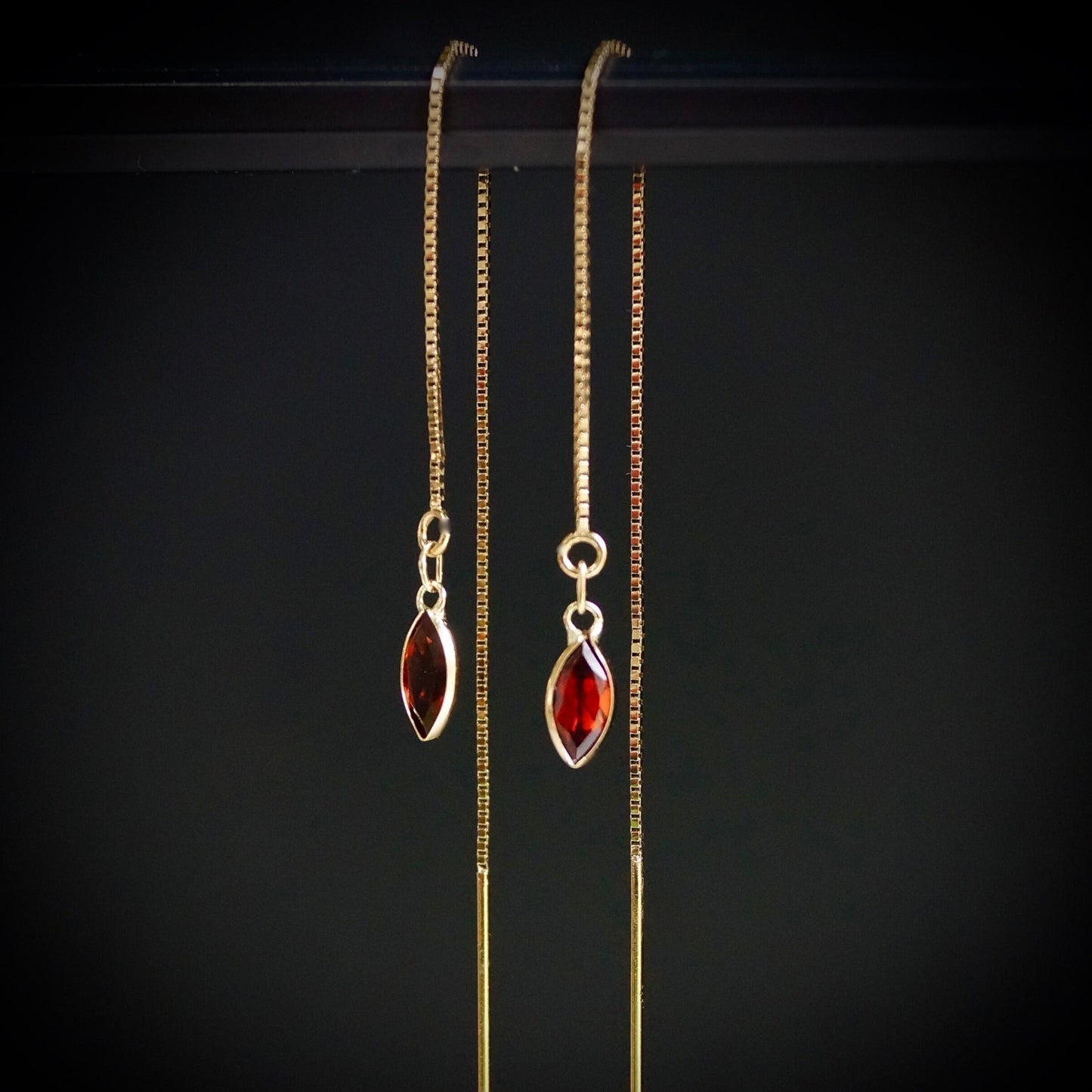 14K Solid Gold: Garnet Earrings, Threader earrings, Marquise Jewelry, Long Chain, Dainty, Minimalist , Root Chakra, Healing Stone, Red