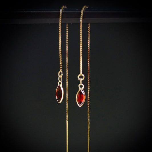 14K Solid Gold: Garnet Earrings, Threader earrings, Marquise Jewelry, Long Chain, Dainty, Minimalist , Root Chakra, Healing Stone, Red