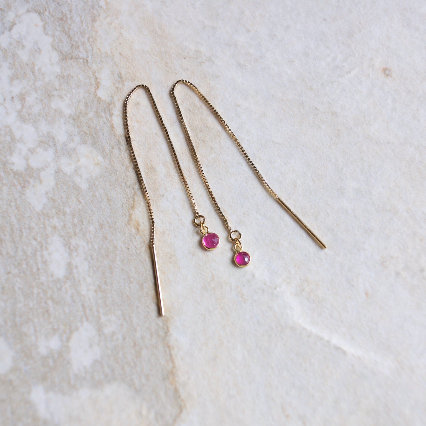 14K Solid Gold: Ruby Earrings, Threader Earrings, Natural Ruby Jewelry, Long Chain, Dainty, Minimalist , July Birthstone, Pink, Red