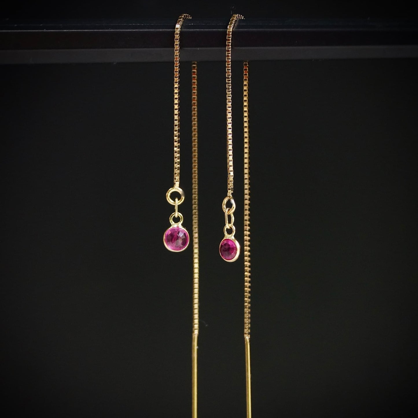 14K Solid Gold: Ruby Earrings, Threader Earrings, Natural Ruby Jewelry, Long Chain, Dainty, Minimalist , July Birthstone, Pink, Red