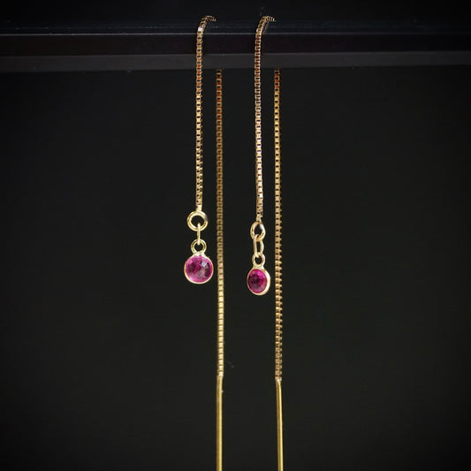 14K Solid Gold: Ruby Earrings, Threader Earrings, Natural Ruby Jewelry, Long Chain, Dainty, Minimalist , July Birthstone, Pink, Red