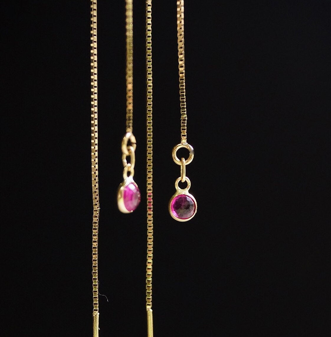 14K Solid Gold: Ruby Earrings, Threader Earrings, Natural Ruby Jewelry, Long Chain, Dainty, Minimalist , July Birthstone, Pink, Red