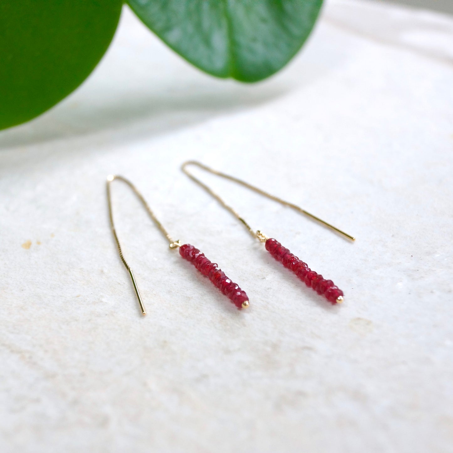 14K Solid Gold: Red Ruby Earrings | Threader Earrings | Natural Ruby Jewelry | Fine Jewelry | July Birthstone | Chain Through Earrings