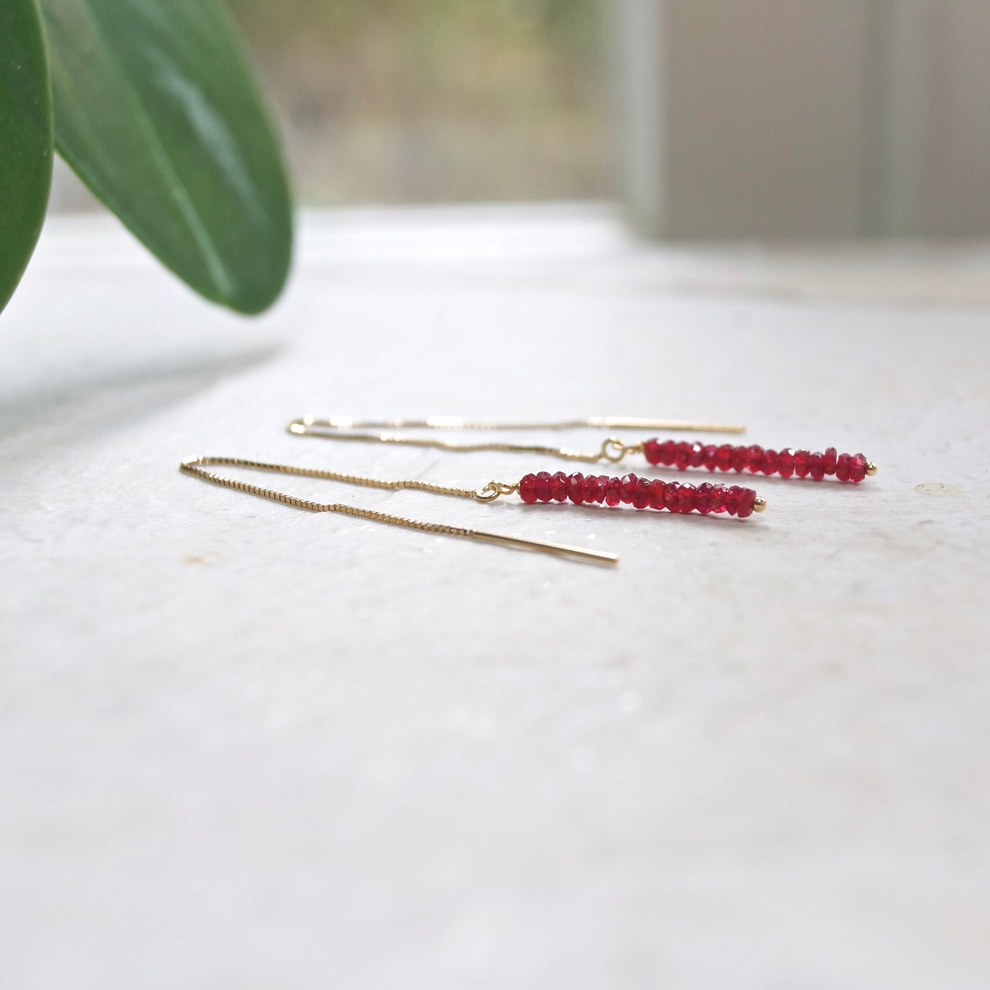 14K Solid Gold: Red Ruby Earrings | Threader Earrings | Natural Ruby Jewelry | Fine Jewelry | July Birthstone | Chain Through Earrings