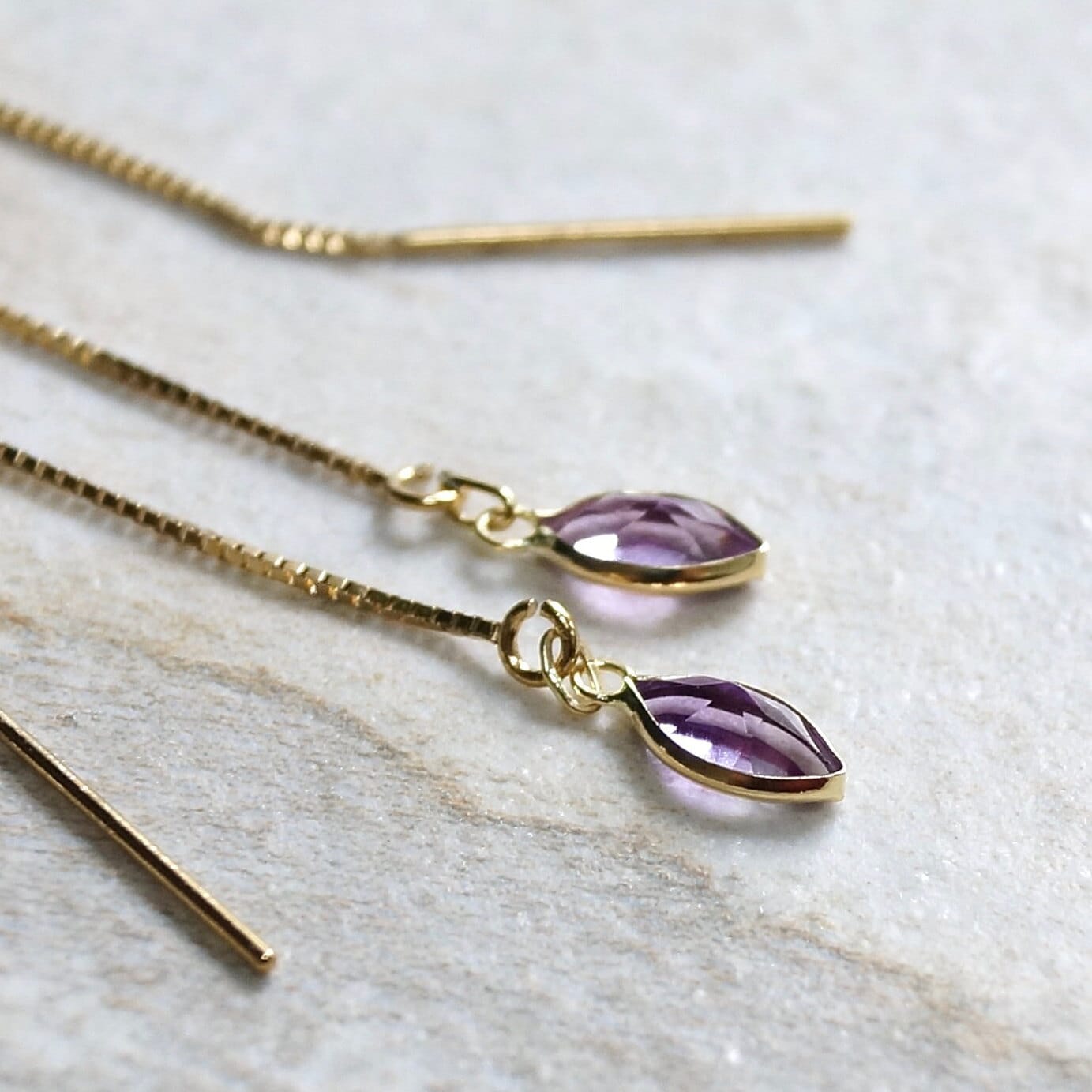 14K Solid Gold: Amethyst Earrings, Threader Earrings, Purple Pink Amethyst Jewelry, Long Chain, Dainty, Minimalist , February Birthstone