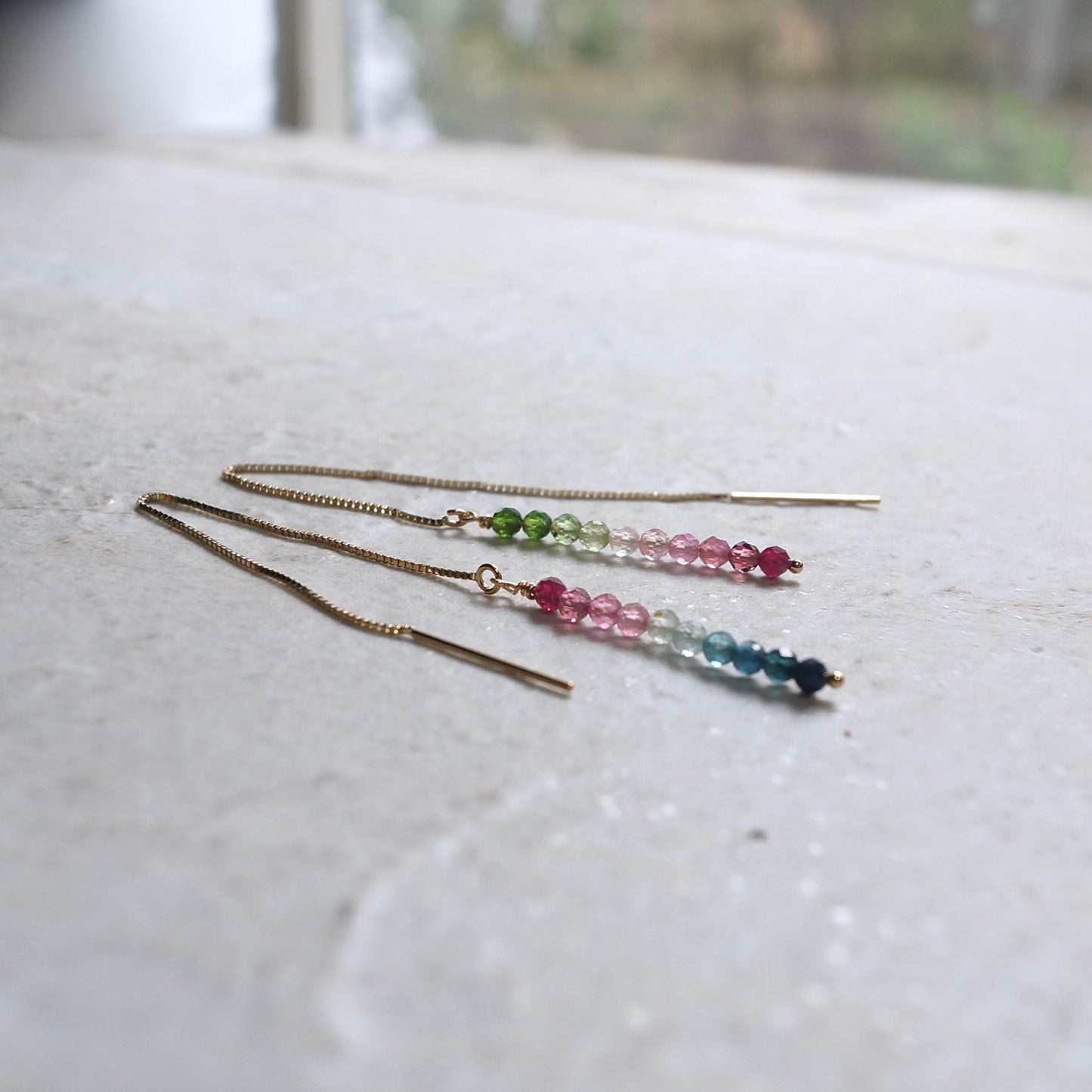 14K Solid Gold: Tourmaline Earrings | Threader Earrings | Watermelon | Fine Jewelry | Ombre Jewelry | Chain Through Earrings | Dainty Drop