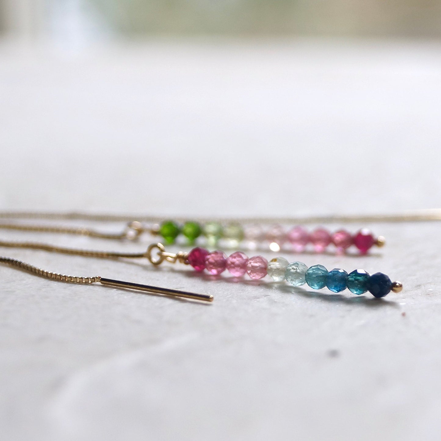 14K Solid Gold: Tourmaline Earrings | Threader Earrings | Watermelon | Fine Jewelry | Ombre Jewelry | Chain Through Earrings | Dainty Drop