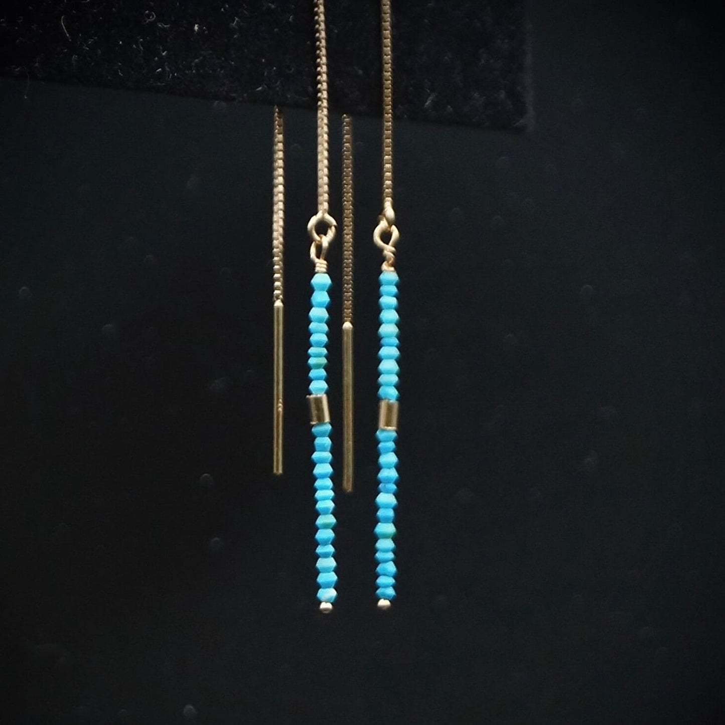 14K Solid Gold: Turquoise  Earrings, Threader earrings, Seed Beads, Fine Jewelry, Beaded Bar, Dainty, Minimalist , Gold Tube