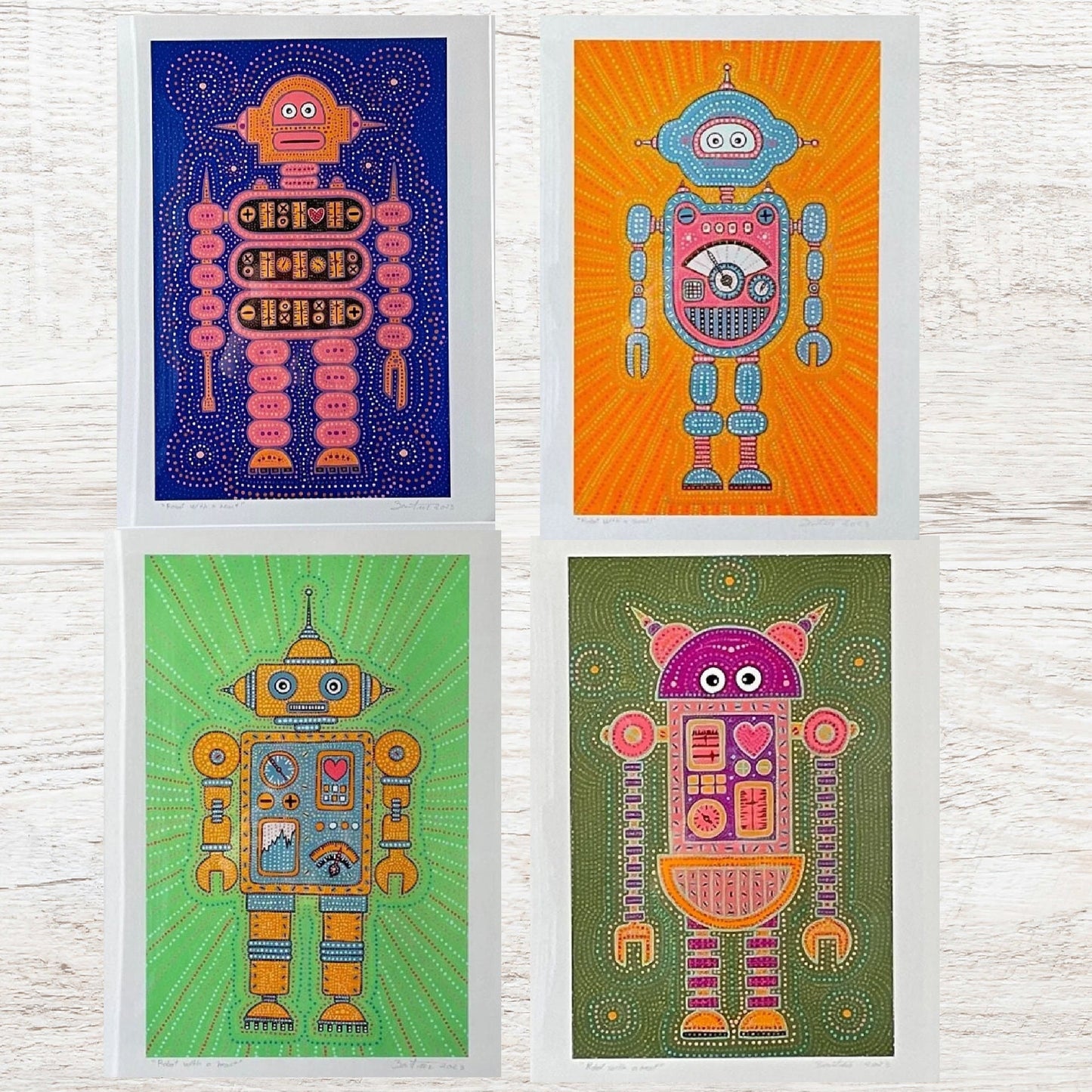 Set of 4 Prints | Robot | Children | Cute |Original Art |Boys |Kids |Wall Art Print |Play Room | Sky Blue Pink Moss Lime Green